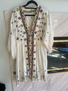 Free people White Embroidered Boho Midi Dress with Multicolor Accents